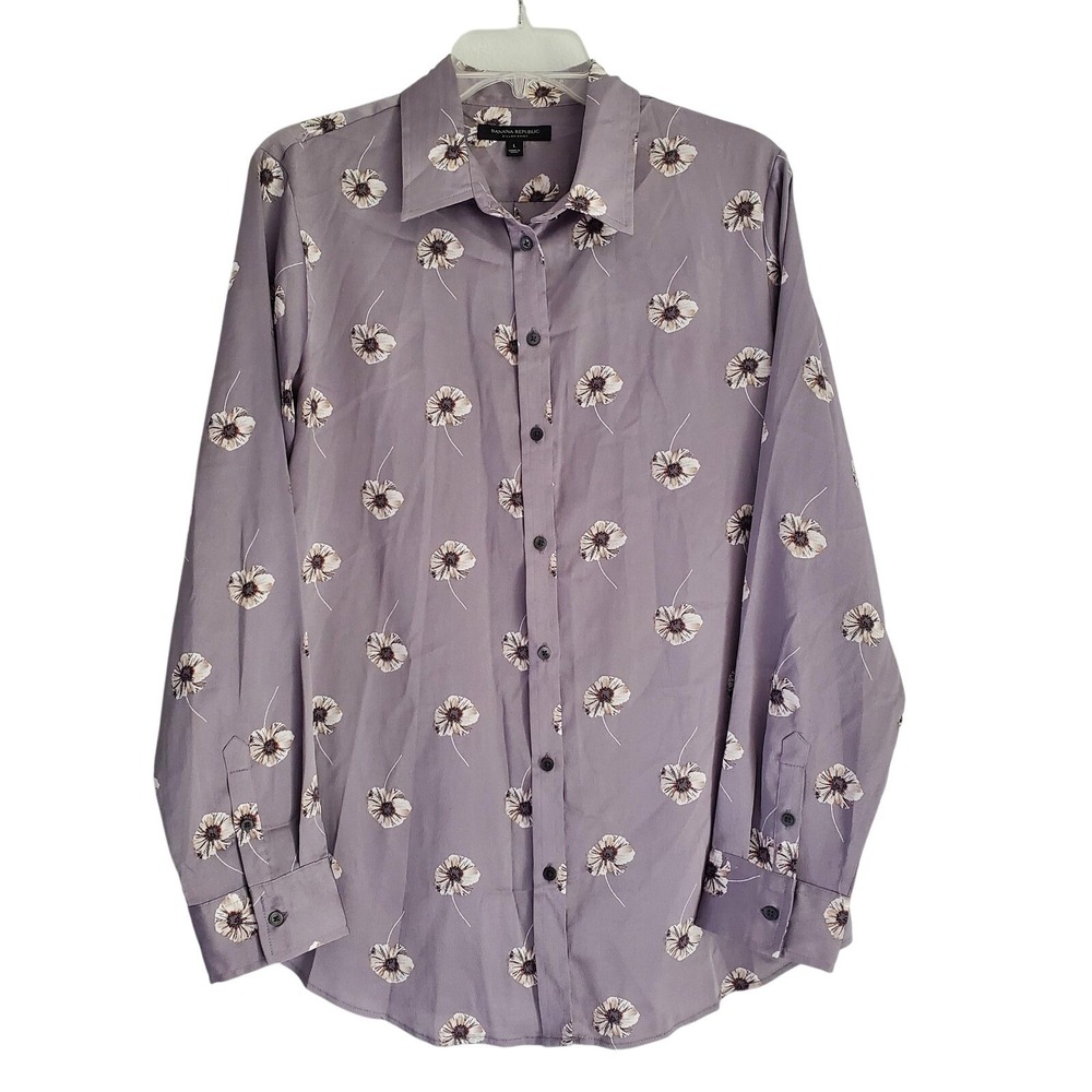 Banana Republic Shirt Women Large Gray Floral Dillon‎ Long Sleeve Button Flowy